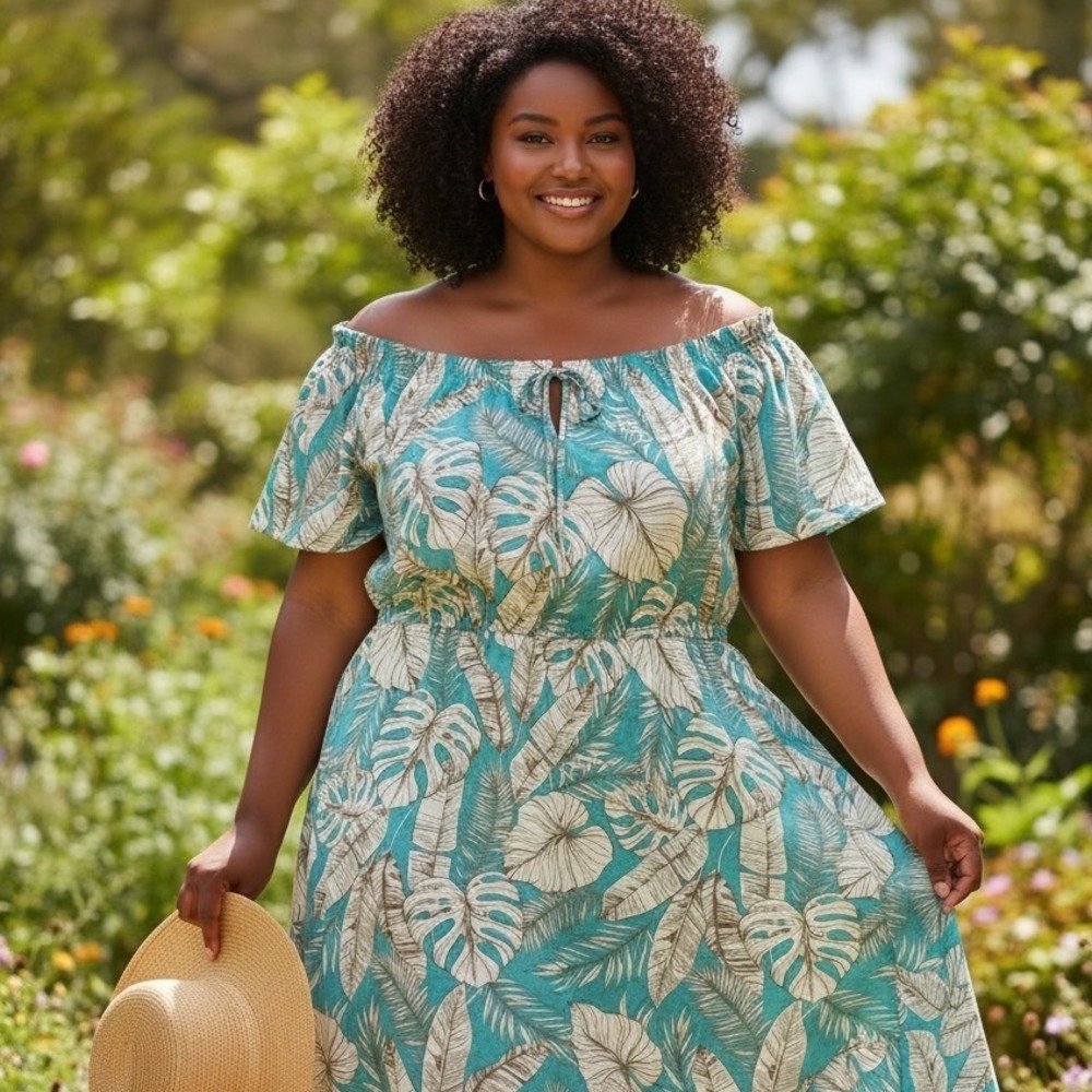 Talbots Fit and Flare Dress Womens Turquoise Tropical Monstera Leaf Boho 16P